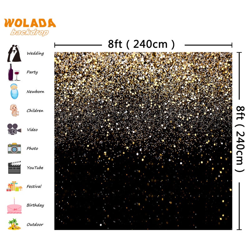 WOLADA Black and Gold Backdrop Golden Glitter Backdrop for Photography Wedding Birthday Baby Shower Party Photo Studio 8x8FT 11176 - Image 3